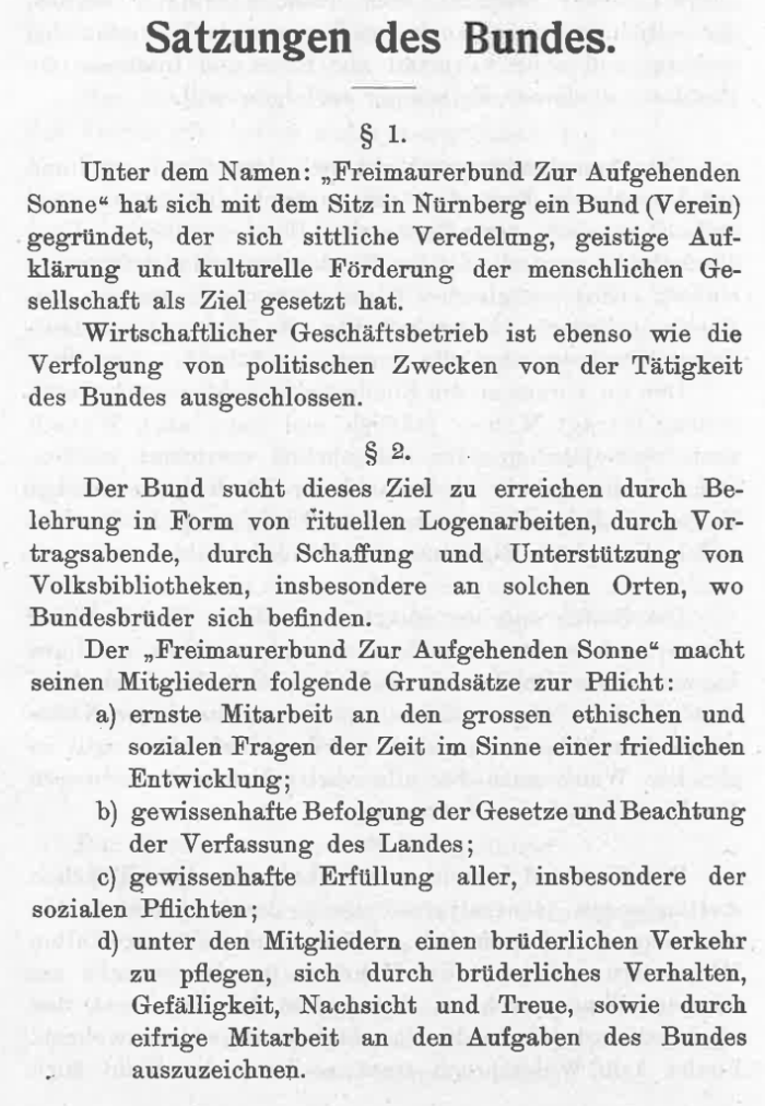Beginn der Satzung des Freimaurerbundes zur aufgehenden Sonne. In: F.z.a.S. Grundsätze und Ordnungen, 1911, S. 7.